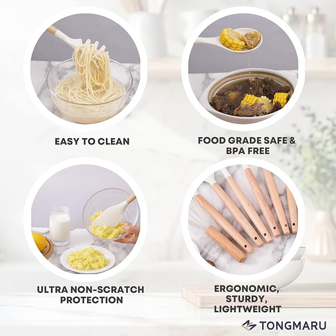 Silicone Cooking Utensils Set, Premium Beech Wood Handle Kitchen Gadgets Utensil Set, Non-Stick Kitchen Utensils Spatula, Tongs, Turner, Whisk, Brush, Spoon, BPA FREE, 446°F Resistant (White)