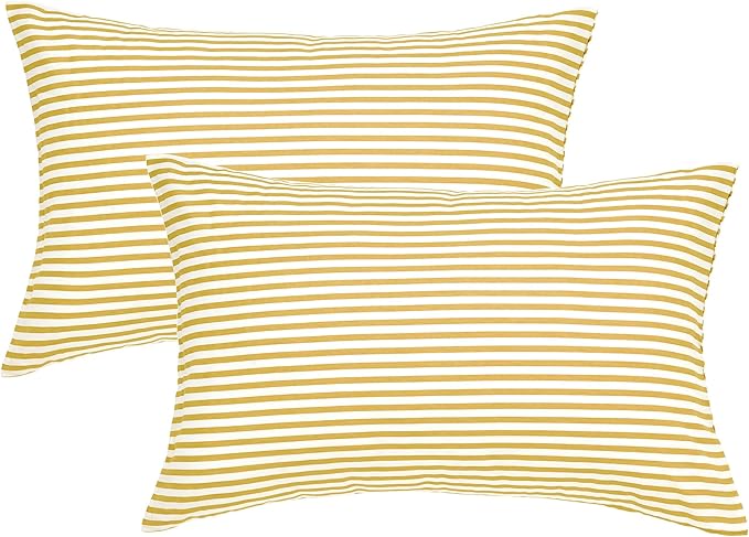 JELLYMONI 100% Natural Cotton Striped King Pillowcases Set, 2 Pack White and Yellow Stripes Pattern Printed Pillow Covers with Envelope Closure(Pillows are not Included)