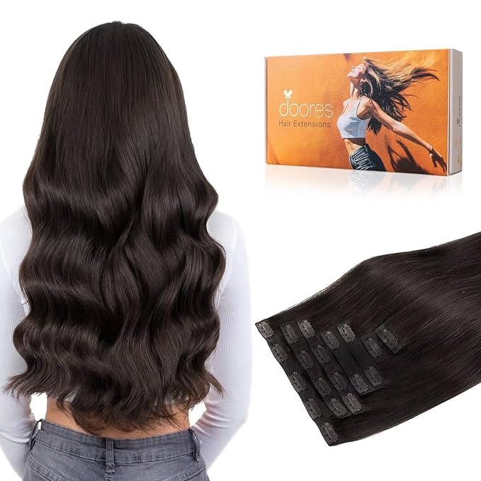 DOORES Human Hair Clip in Extensions, Dark Brown 110g 7pcs 22 Inch, Clip in Hair Extensions Human Hair Seamless Clip in Hair Extensions Remy Hair Skin Weft Straight Hair Invisi Edge Hair Extensions