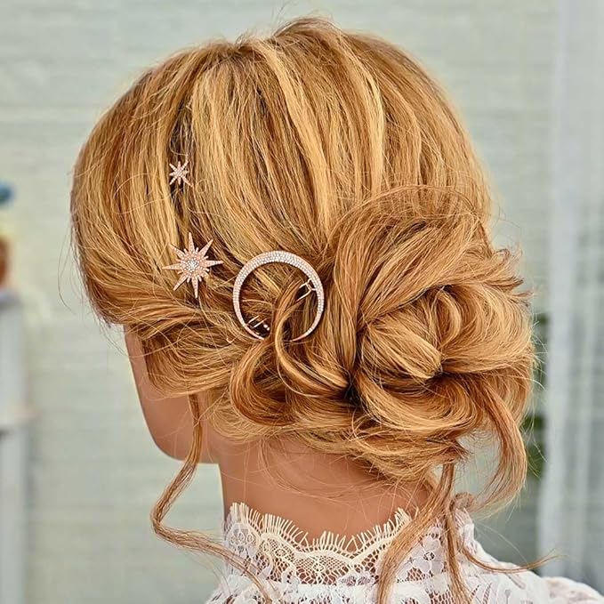 BARTOSI Moon Star Hair Clips Rose Gold Rhinestone Hair Pins Crystal Bobby Pins Bride Wedding Celestial Hair Accessories for Women and Girls (Pack of 3)