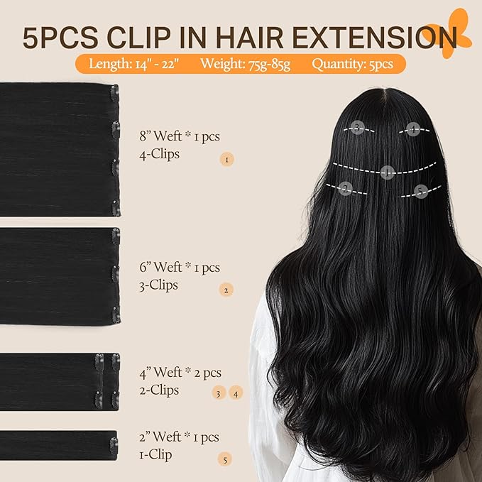 DOORES Clip in Human Hair Extensions, 80g 5pcs Jet Black 20 Inch Remy Hair Extensions Clip in Natural Straight Real Hair Extensions