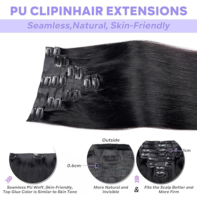 Seamless Clip in Hair Extensions Real Human Hair, Straight Remy Human Hair Clip in Extensions, Natural Soft Human Hair, PU Skin Weft, 8Pcs 120g, 30inch #1B Natural Black