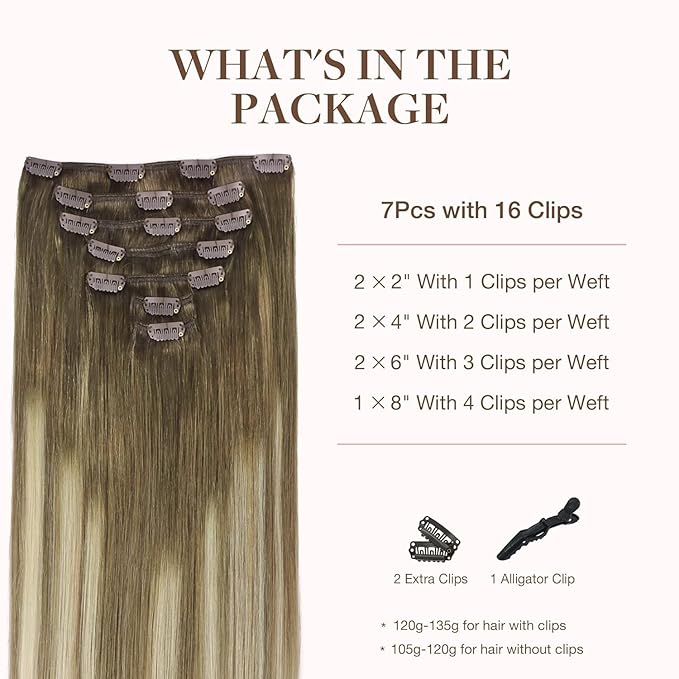GOO GOO Clip in Hair Extensions Real Human Hair, Remy Human Hair Extensions Clip ins for Women, Natural Human Hair, 16inch 120g 7Pcs, 3/8/613 Balayage Walnut Brown to Ash Brown and Bleach Blonde