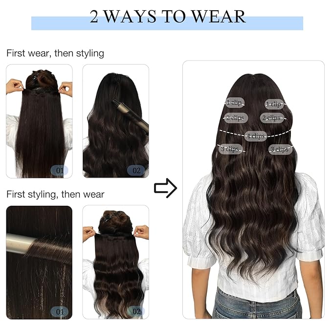 DOORES Clip in Hair Extensions, Human Hair, Medium Brown Highlighted Dirty Blonde, 18 Inch 7pcs 120g, Remy Hair Extensions Straight Natural Real Hair
