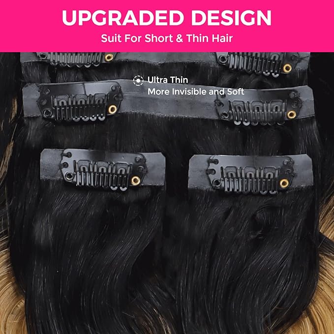 Lashey Seamless Clip in Hair Extensions Human Hair Body Wave 24 Inch Clip ins 110g 7pcs Ombre Natural Black to Honey Blonde Human Hair Extensions for Women