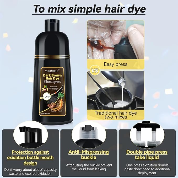 Dark Brown Hair Dye Shampoo 3 IN 1, Hair Color Shampoo for Gray Hair Coverage for Women Men, Herbal Formula with Ammonia-free Ingredients, Lasts up to 30 Days (16.9 Fl Oz)