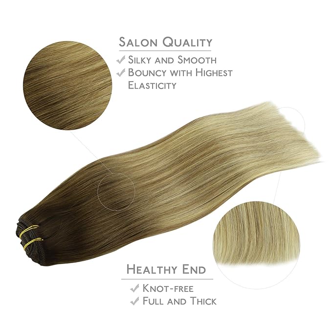 WENNALIFE Clip in Hair Extensions, 150g 16 Inch 9pcs Ombre Walnut Brown to Ash Brown and Bleach Blonde Human Hair Extensions Thicker Clip in Hair Extensions Real Human Hair Clip Set Double Weft