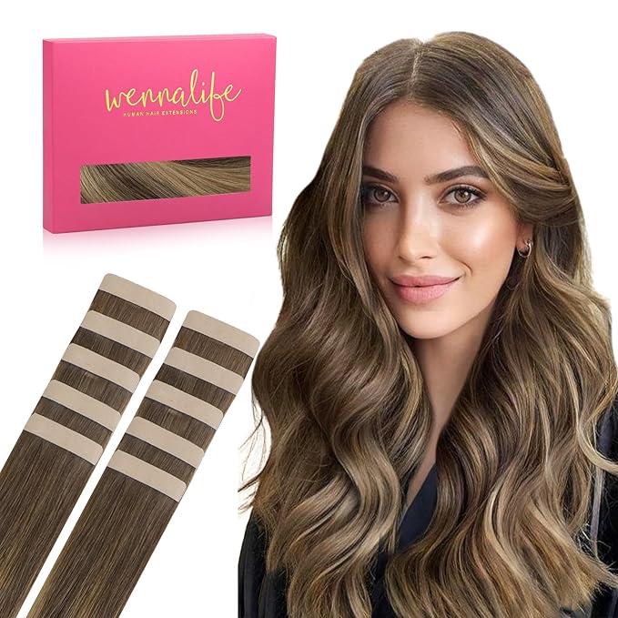 Wennalife Tape in Hair Extensions Human Hair Balayage Chocolate Brown to Caramel Blonde Tape in Extensions, 10pcs 25g 16 inch Remy Invisible Tape Ins Straight Soft Real Human Hair Tape in Extensions