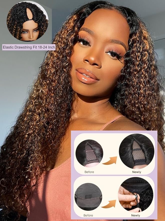 YIROO EasiContour V Part Wigs Ombre Brown Glueless Human Hair Upgrade U Part Wig with Dark Roots Highlight V Shape Clip Wigs Beginner Friendly with Drawstring Ready to Wear Chestnut Brown Color 16Inch