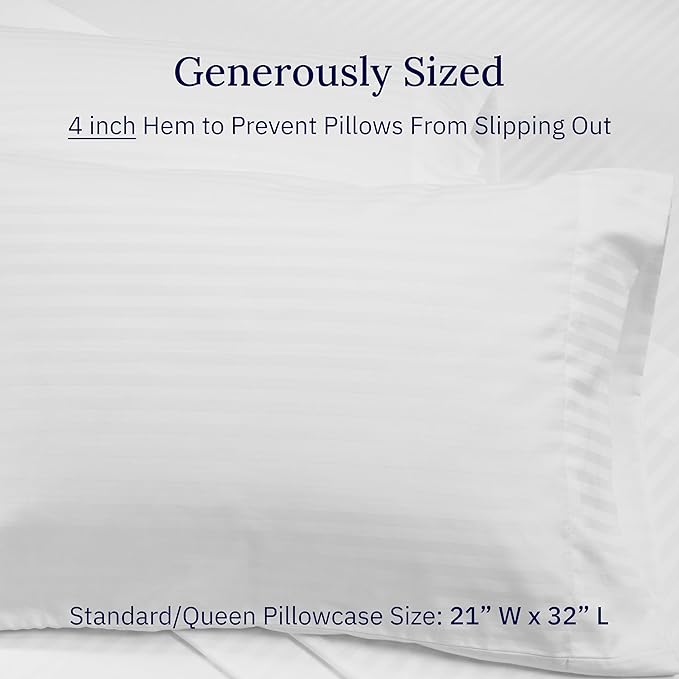 California Design Den Standard Queen Size Pillowcase Set - 400 Thread Count, 100% Cotton Sateen, Set of 2 Pillow Covers, Soft and Breathable - Striped Bright White