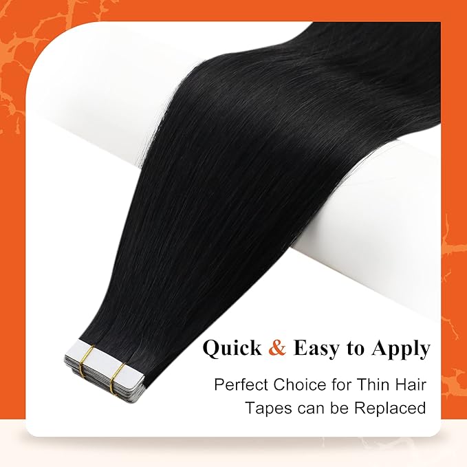 Full Shine Invisible Seamless Tape in Hair Extensions Real Human Hair 22Inch Color 1 Jet Black Double Sided Tape in Extensions Skin Weft 20Pcs 50 Gram Add Length for Wedding Natural Straight