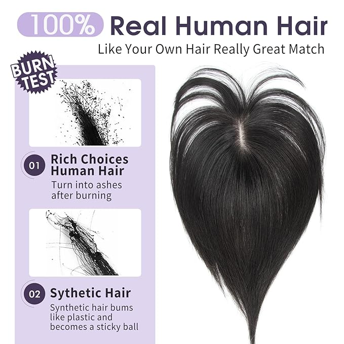 10 Inch Real Human Hair Topper with Bangs for Women Covers Thinning Crown, Clip-In Hair Topper for Thinning Hair (Natural Black)