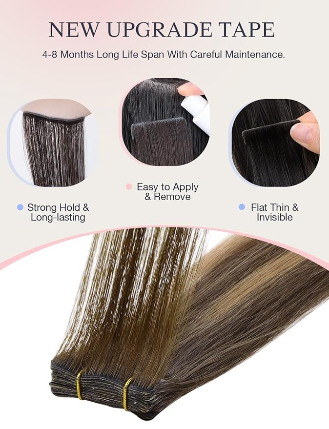 DOORES Invisi Edge Hair Extensions Real Human Hair Tape in, Chocolate Brown to Caramel Blonde 10 Injection Tape-ins with 10 Injection Tape-ins 50g 16 Inch, Injected Tape in
