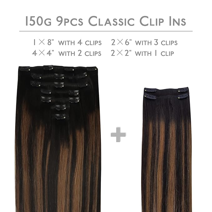 WENNALIFE Clip in Hair Extensions, 150g 24 Inch 9pcs Balayage Natural Black to Chestnut Brown Remy Hair Thicker Double Weft Extensiones De Cabello Humano Con Clip Ins Straight Full Volume