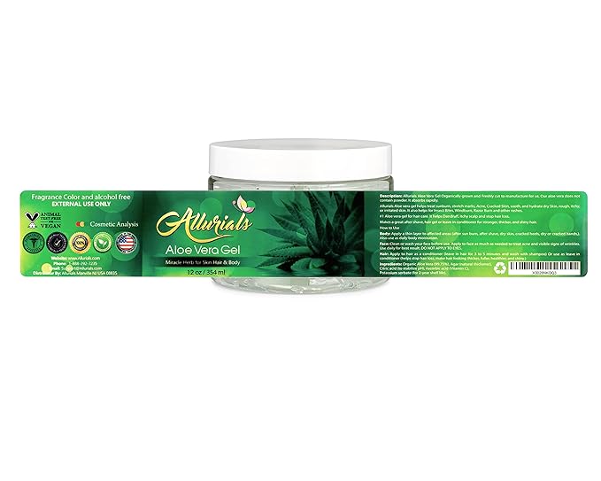 Allurials 99.75% Pure & Organic Aloe Vera Gel - Made in USA, Clinically tested & Dermatologist approved, Hydrates & Heals Dry & Damaged Skin & Hair- 12 Oz