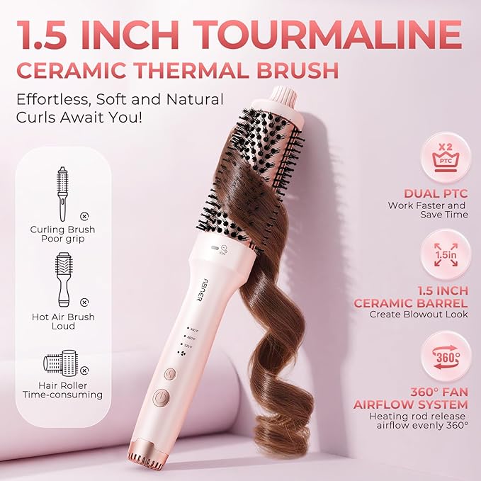 ABNER Thermal Ionic Brush, 1.5 inch Heated Round Brush for Blowout Look, Volumize, Style, Makes Hair Shinier & Smoother, Dual Voltage for Travel, Negative Ion Technology, Ceramic, Temperature Settings