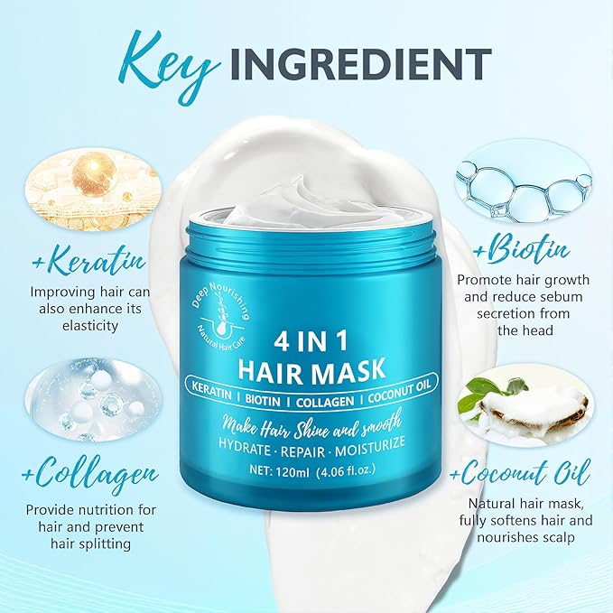 Deep Conditioning Hair Mask for Damaged Hair Treatment - Keratin Hair Care for Hydrating Repair for Dry, Curly, Color-Treated & Frizzy Hair - Controls Frizz, Fixes Split Ends, Boosts Shine, 4.06 fl.oz