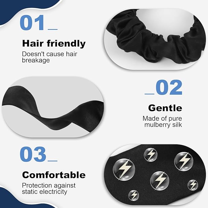1 Piece Silk Bow Scrunchies for Hair-100% Pure Mulberry 22 Momme Silk Hair Tie, Elastic Ponytail Holder, Elegant Soft Bow Hair Ties Band for Women Hair Care, Multiple Colours (BLACK)