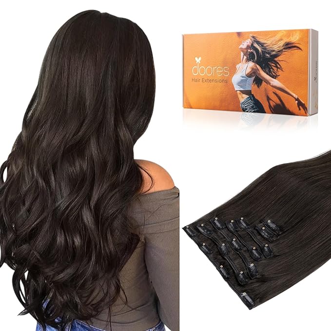 DOORES Clip in Hair Extensions Dark Brown 120g 7pcs 20 Inch Remy Human Hair Extensions Clip in Real Hair Extensions Natural Hair Straight Thick
