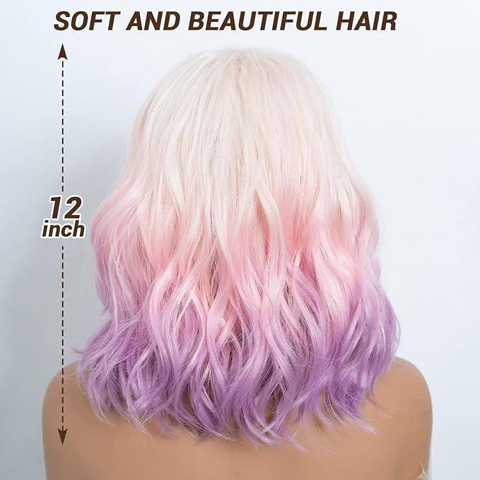 NOBLE Colourful Short Bob Wigs with Bangs for Women 3 Tone Ombre Pink root to Purple Color Short Wavy Bob Hair Wig Shoulder Length Synthetic Heat Resistant Bob Wigs