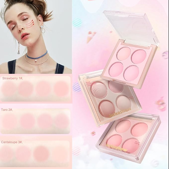 Matte Blush Powder Palette, Blending Mood Cheek, 4 Blendable Shades Korean Fairy Pink Blusher in Lightweight Smooth Powder, Vegan Makeup (Cantaloupe 3#, 1.84 ounces)