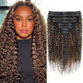 FB30 Highlight Ombre Curly Clip In Extension Human Hair 3C 4A Kinky Curly Clip Ins Full Head for Black Women Brazilian Remy Human Hair Balayage Brown 8Pcs with18clips 120g/Set (14 inch)