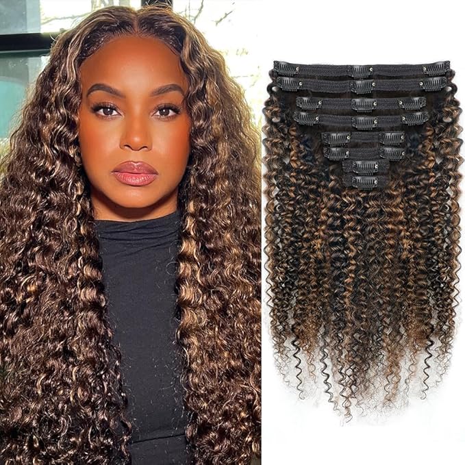 FB30 Highlight Ombre Curly Clip In Extension Human Hair 3C 4A Kinky Curly Clip Ins Full Head for Black Women Brazilian Remy Human Hair Balayage Brown 8Pcs with18clips 120g/Set (20 inch)