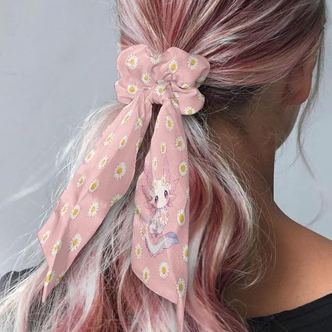 Cherry Blossom Elastic Hair Band with Ribbon Pack Of 2 Axolotl Daisy No Damage Bow Scrunchy Casual Bow Hair Ties Satin Ponytail Holder for Womens