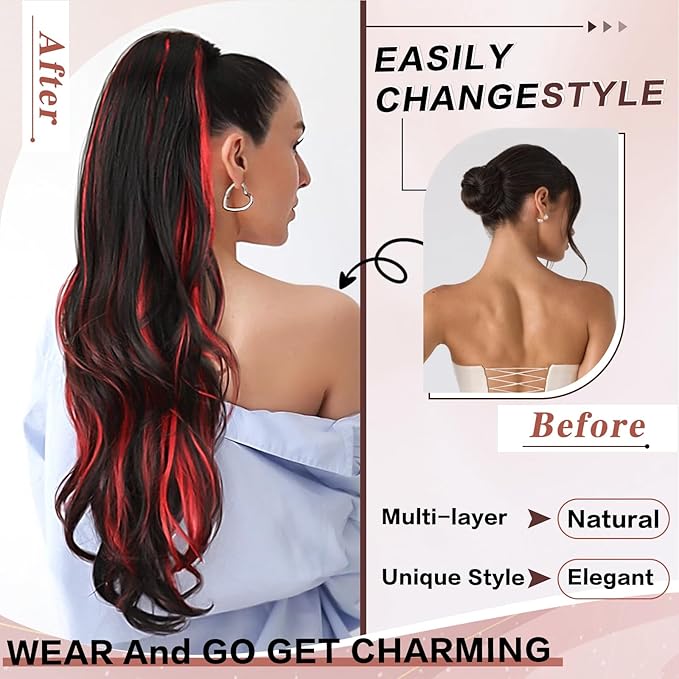 Ponytail Extension, Drawstring Ponytail Extension for Women 26 Inch Long Wavy Highlights Pony Tails Hair Extensions Synthetic Clip in Ponytail Hairpiece for Women(H1B/113)