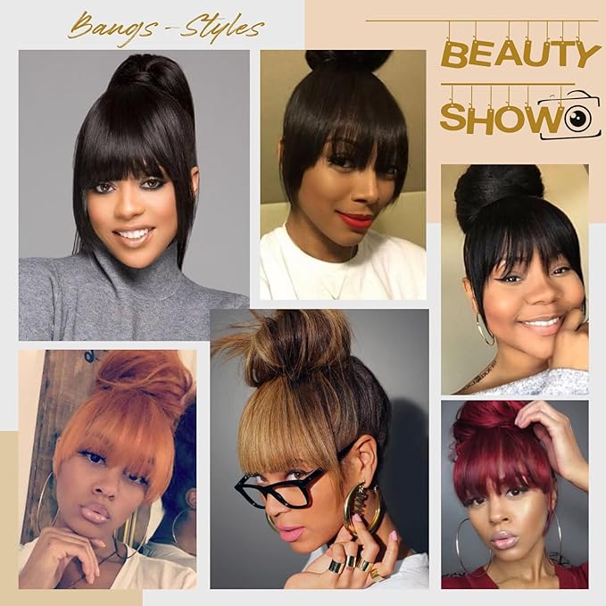 Yaki Straight Bangs Hair Extensions for Women Natural Black Synthetic Fringe with Temples Handmade Kinky Straight Bangs Hairpiece with 3 Clips in (1B)