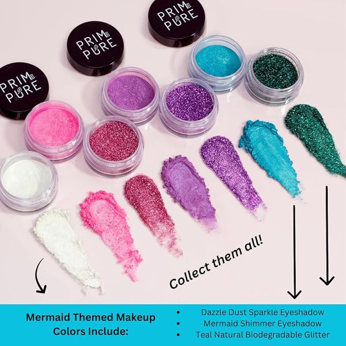 Prim and Pure Kids Makeup Gift Set - Stencil, Makeup Eyeshadow Bioglitter Lip Gloss and Cosmetic Bag Mirror Makeup Brush Accessories (Mermaid Blue)