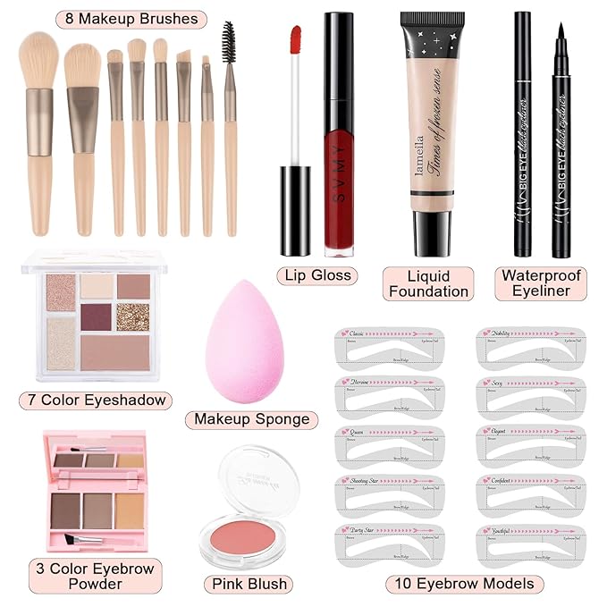 Makeup Kit for Teens Girls, Makeup Present Set for Women, Makeup Full Kit for Beginners, Mini Makeup Bundle Include 7 Puce colors Matte & Shimmer Pigmented Eyeshadow Palette, Eyebrow Powder