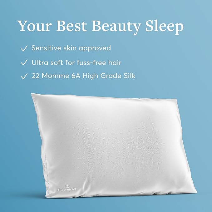 Silver Silk Pillow Case, Fits Standard Queen Pillow, 100% Mulberry Silk Pillowcase 22mm, 6H High-Grade Fibers, 100% Silk Pillowcase for Healthy Skin & Hair