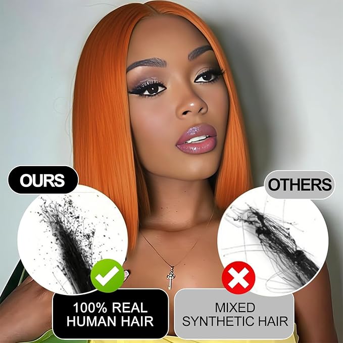 Ginger Orange Bob wig Human Hair 350# Colored Bob Wig 13x4 HD Transparent Lace Frontal Wigs Human Hair Straight Short Bob Wigs for Black Women (12inch, Ginger Bob Wig)