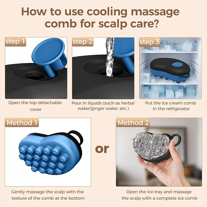 Ice Compress Scalp Massager Hair Growth Massage Comb - Upgraded Raised Dot Ice Tray Design for Tension Headache Relief and Scalp Care (Black)