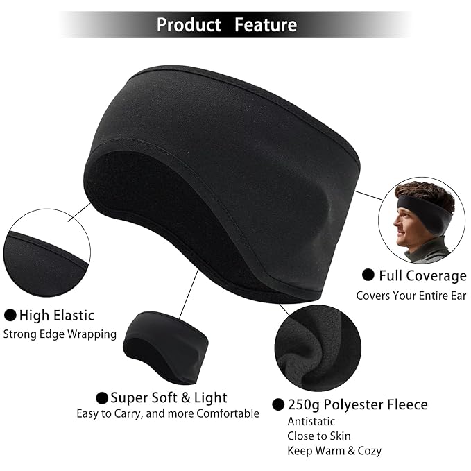 Ear Warmers for Men and Women & Ear Warmers for Cold Weather Headband (Black, One Size)