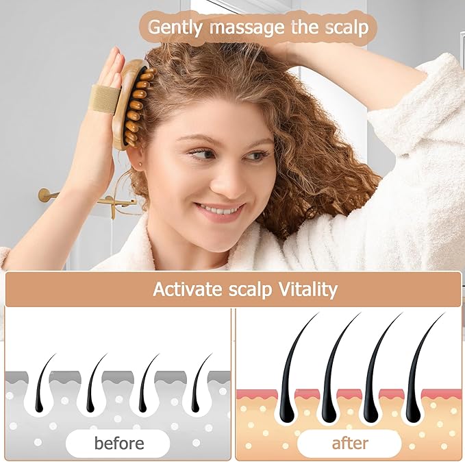 OWIIZI Wooden Scalp Brush Massage Body Tools, Wood Massager for Head Hair Growth Belly Fat Cellulite Multi Functional Air Cushion Massager for Men Women Elder
