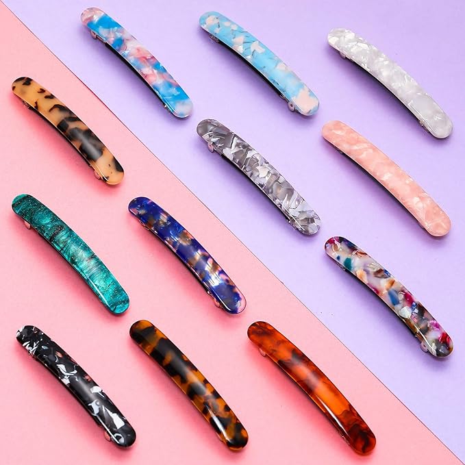 12 Pieces Hair Barrettes for Women Tortoise Shell Acetate French Skinny Clip Automatic Ponytail Barrettes for Women Fine Thin Hair Accessories(Fresh Color)