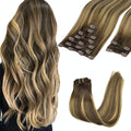 GOO GOO Clip in Hair Extensions Real Human Hair, Remy Human Hair Extensions Clip ins for Women, Natural Human Hair, 24inch 150g 9Pcs, #4/27/4 Balayage Chocolate Brown to Caramel Blonde