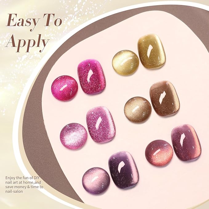 Born Pretty Cat Magnetic Eye Gel Nail Polish, Fall Winter Jelly Glass Magnetic Gel Polish, Purple Brown Pink Nude Glitter Soak Off Nail Art Salon Manicure Home Gift 7ml 6pcs