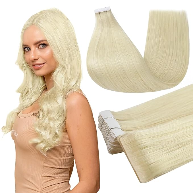 Full Shine Seamless Injected Tape in Extensions Color 60 Blonde Machine Remy Injection Tape in Human Hair Extensions Soft Straight Add Length 18 Inch 20 Pcs 50 Grams Silky for Wedding