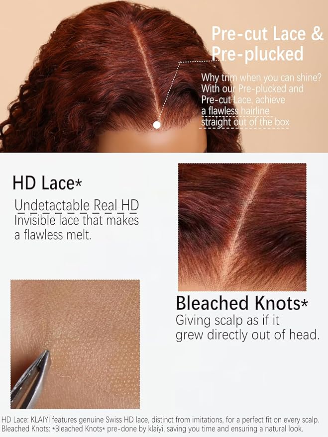 KLAIYI Bye Bye Knots Glueless Wig Reddish Brown Body Wave 7x5 Pre Cut HD Lace Front Wigs Human Hair Put On And Go Wig Pre Bleached Pre Plucked with Baby Hair 30S Ready To Wear 150% Density Full 18Inch
