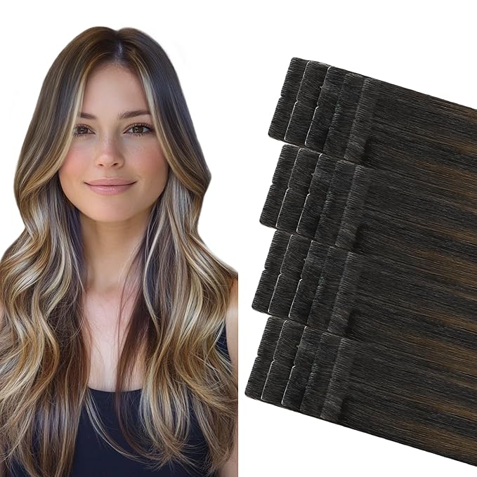 COOKAYU Invisi Edge Tape in Hair Extensions Real Human Hair Seamless Injected Tape Ins 18Inch 20pcs 40g Natural Black to Medium Brown and Caramel blonde Extensions