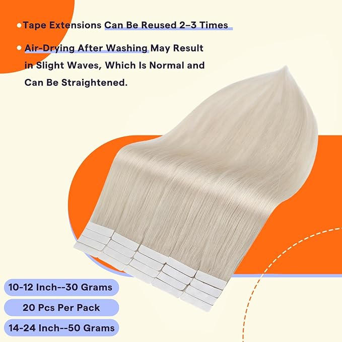 Full Shine Human Hair Tape in Extensions Color 1000A Blonde 20 Inch Remy Seamless Skin Weft Blonde Tape in Hair Extensions Human Hair 50 Grams Fashion Straight Invisible Natural 20PCS Add Length