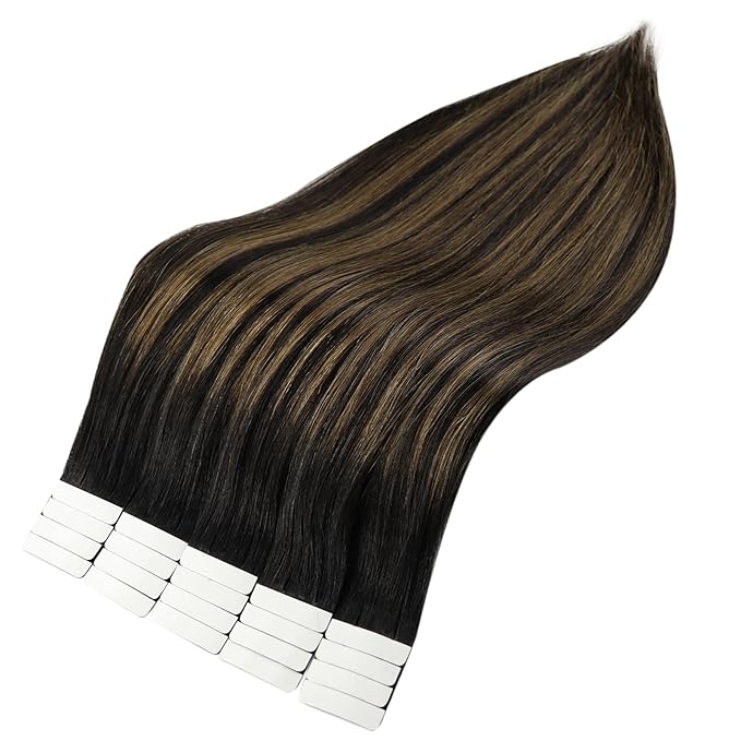 Full Shine Invisible Tape in Hair Extensions Human Hair 1B Off Black Ombre 6 Chestnut Brown Tape in Extensions 20 Inch Silky Hair Extensions 20 Pcs 50 Gram Natural Human Hair for Party