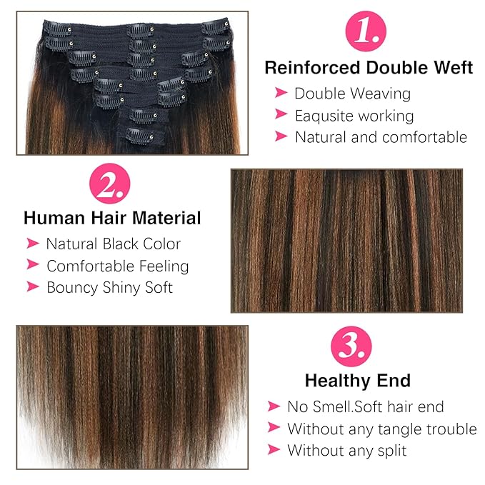 Yaki Straight Clip ins Real Human Hair Extensions For Women Highlight Hair Extensions Yaki Straight Clip in Hair Extensions(22inch,T1BP1B/30)