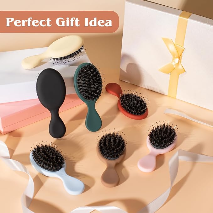 Mini Boar Bristle Hair Brush - Boar & Nylon Bristle Small Brush for Women Kids Long Short Hair to Smooth Add Shine - Travel Size Hair Brush for Purse,Pocke, Yellow
