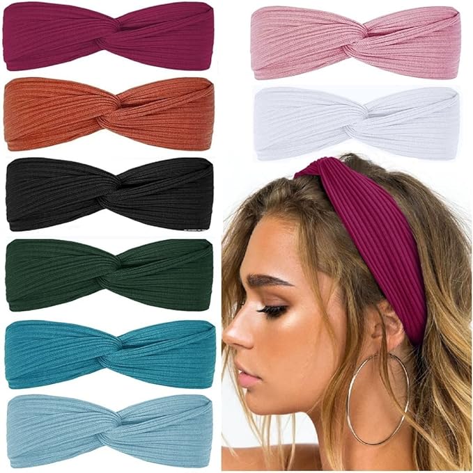 Huachi Headbands for Women Twist Knotted Boho Stretchy Hair Bands for Girls Criss Cross Turban Plain Headwrap Yoga Workout Vintage Hair Accessories, Solid Color, 8Pcs