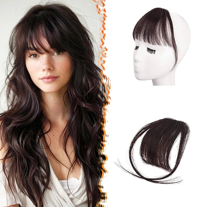 BARSDAR Real Human Hair Bangs Clip in - 100% Human Hair Clip in Bangs for Women - Dark Brown Wispy Bangs Extensions Fringe with Temples Real Hair Bangs Hairpieces - Darker Brown