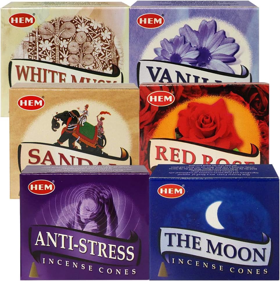 Hem Incense Cones Variety Pack #6 and Cone Incense Burner Bundle with 6 Most Admired Fragrances